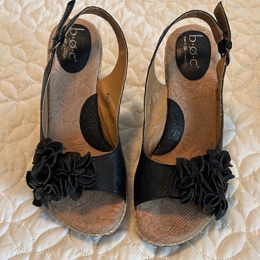 b.o.c. Black Espadrille Slingback 3.5” Straw Woven Heels Shoes Floral Sandals
